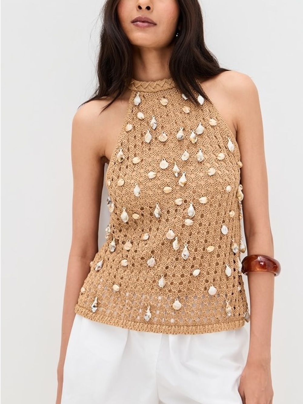 Simon Miller Tan Crochet Halter Tank with Shell Trim